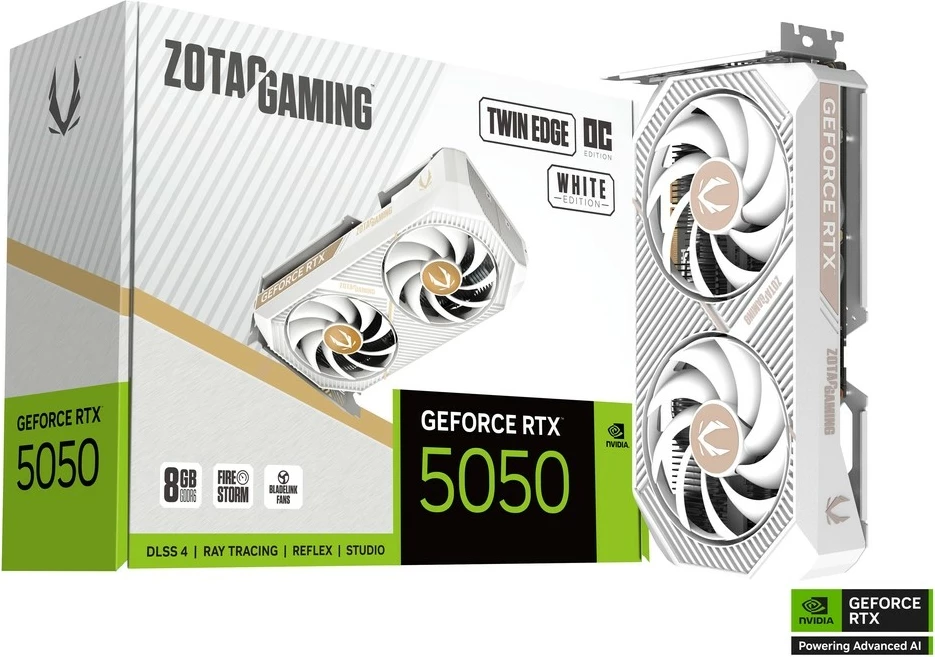 Kartelë grafike, ZOTAC, GeForce RTX 5050 Twin Edge OC (ZT-B50500Q-10M), 8GB GDDR6 128-bit PCIe 5.0 x8 3xDP/HDMI, e bardhë