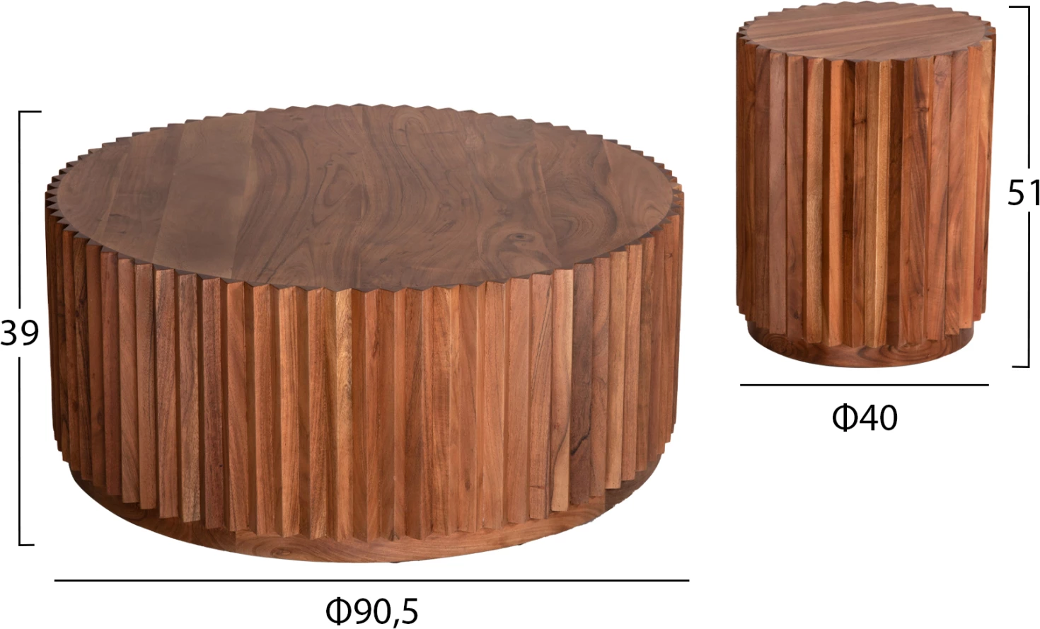 Set 2 tavolina kafeje rrethore, dru akacie, ngjyrë natyrale, Φ90 & Φ40cm