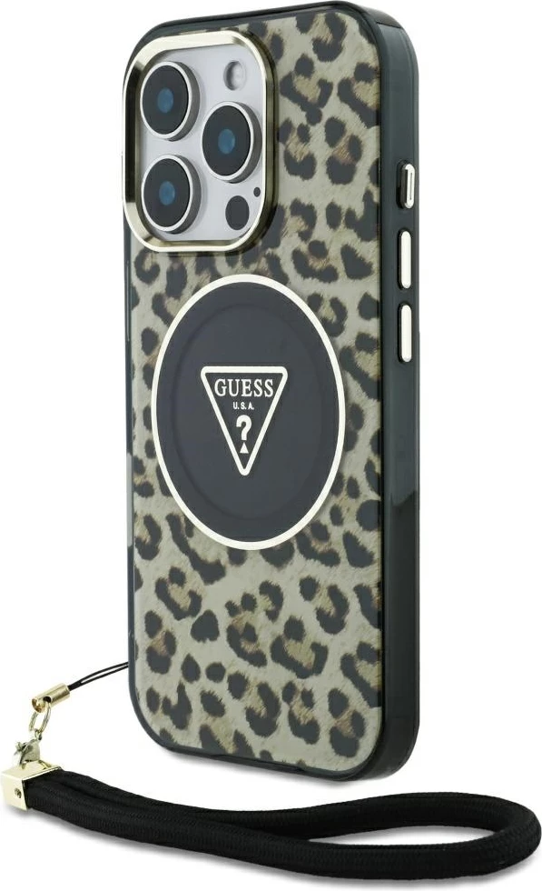 Mbështjellës Guess HC IML Leopard Triangle Cord Strap për iPhone 16 Pro, MagSafe, Kafe