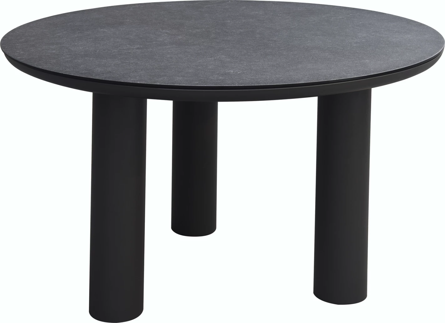 Tavolinë e rrumbullakët alumini DOSUN FH6201.01, kornizë ngjyrë gri e errët, sipërfaqe tavoline qelqi 3D me pamje qeramike, Φ120cm