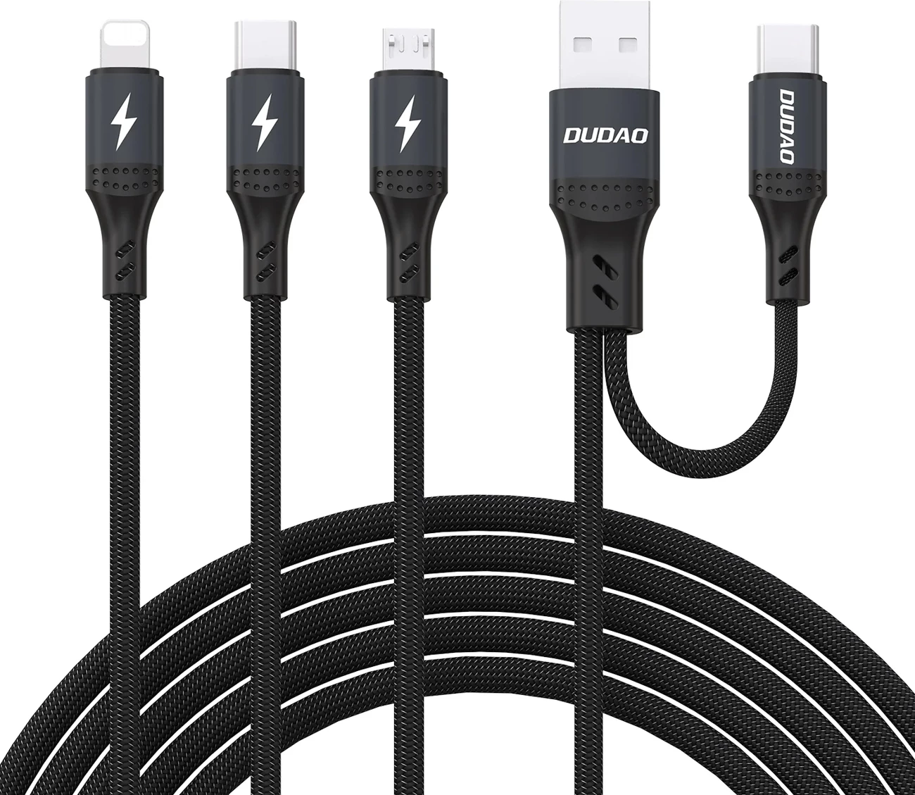Kabëll karikimi dhe të dhënash 3-në-1, Dudao L3W, 1.2 m, 66W, USB-A/USB-C në Lightning/USB-C/MicroUSB, e zezë