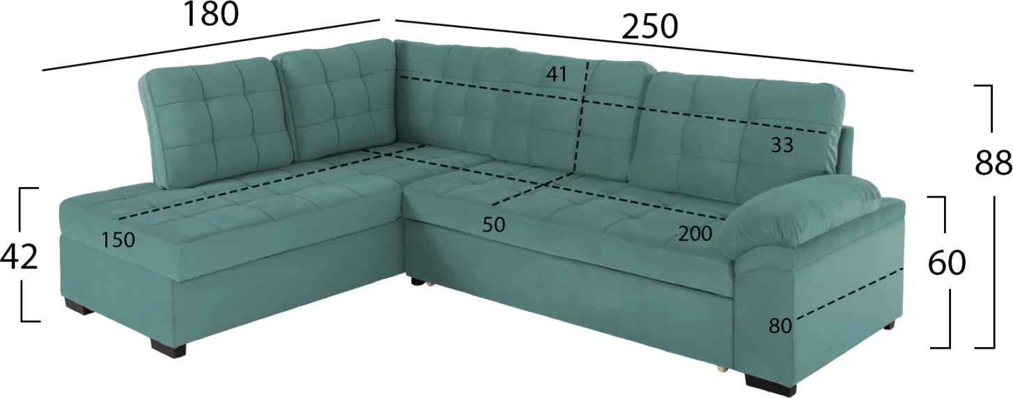 Kënd divan shtrat JADE FH3144.04L kadife jeshile deti 250x80-180x73-88Hcm