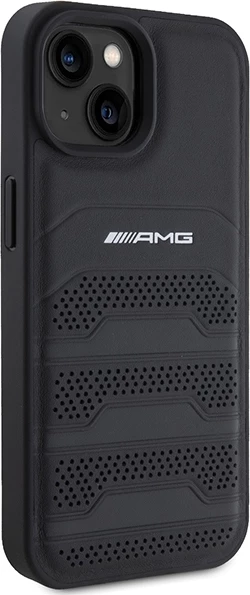 Mbështjellës Mercedes AMG Leather Debossed Lines për iPhone 15 Plus, i zi