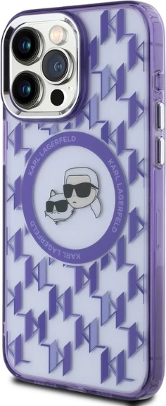 Mbështjellës Karl Lagerfeld IML Monogram Karl & Choupette Head MagSafe për iPhone 15 Pro, vjollcë