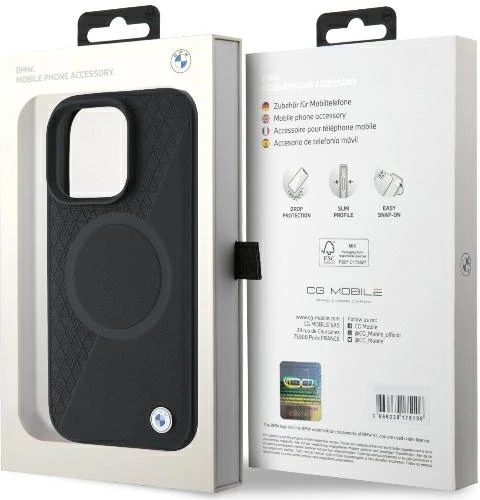 Mbështjellës BMW Signature Leather Half Textured & Circle MagSafe për iPhone 16 Pro, i zi