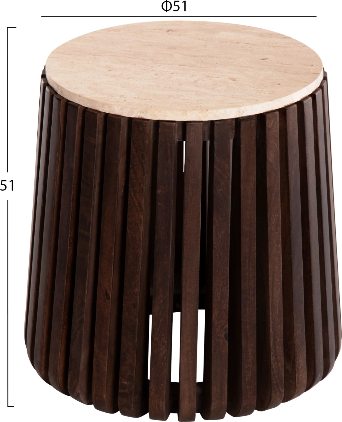 Tavolinë anësore KREST FH9711 dru akacie ngjyrë kafe e çelët-bardhë travertin Φ50x50Hcm