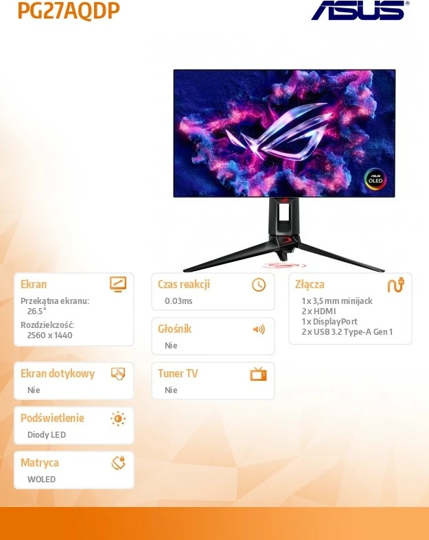 Monitor gaming Asus ROG Swift PG27AQDP, 26.5", WOLED, 480 Hz, QHD, i zi