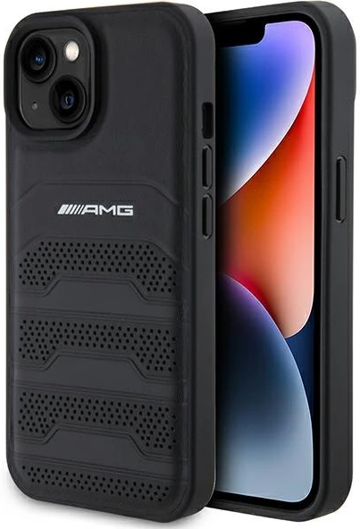 Mbështjellës Mercedes AMG Leather Debossed Lines për iPhone 15 Plus, i zi