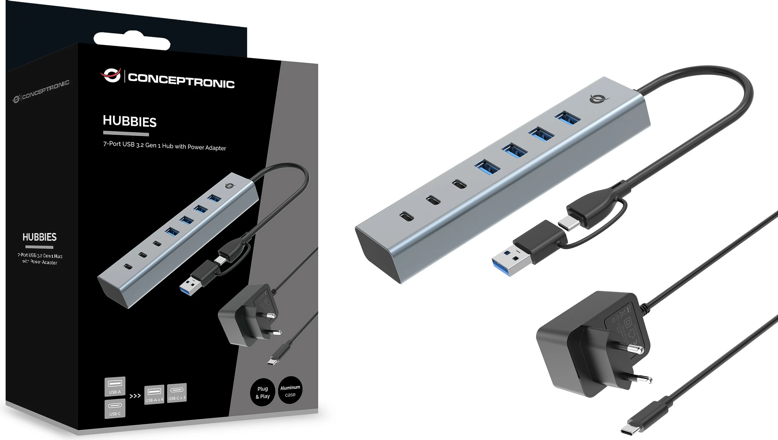 USB hub Conceptronic 7 porta, USB-A 3.0/USB-C, me përshtatës energjie, gri