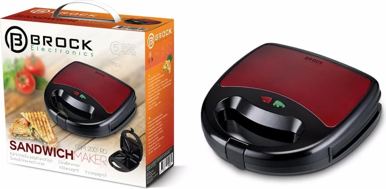 Sandwich maker Brock SSM 2001 RD 750 W, për 4 sanduiça trekëndorë, kuqe/zezë