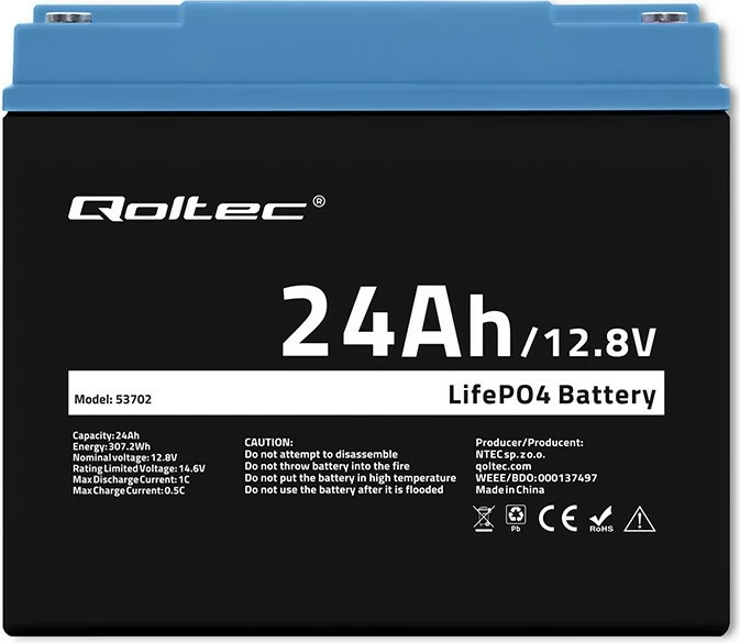 Bateri LiFePO4 Qoltec 53702, 24Ah, 12.8V, me BMS