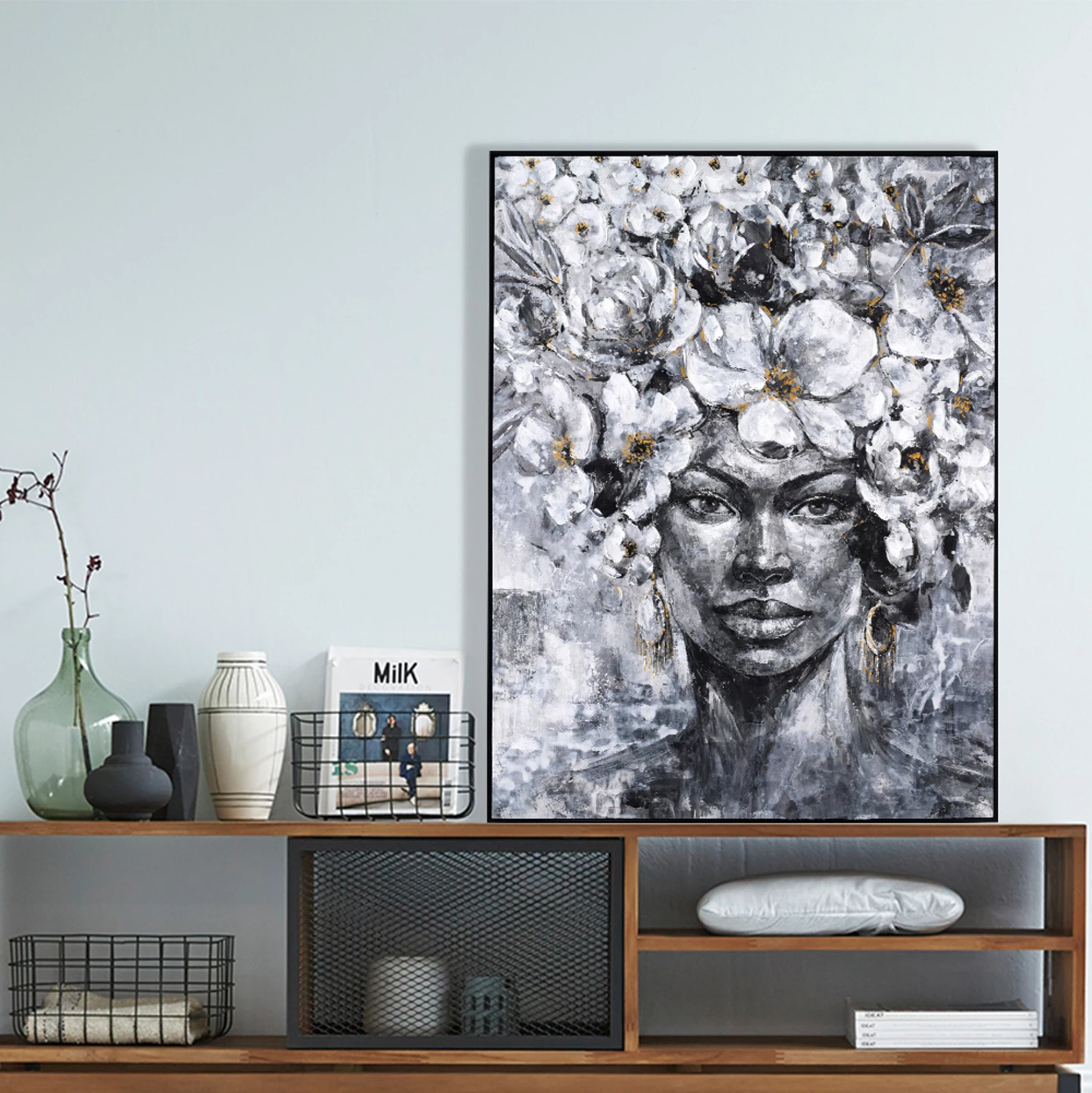 Pikturë muri FH4545 me kornizë PS të zezë, kanavacë e printuar me fytyrë gruaje, 92x4.5x122 cm