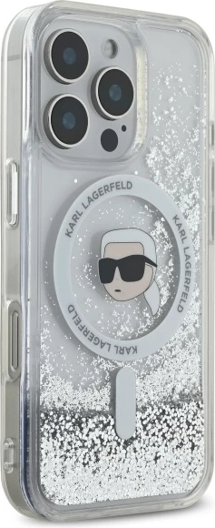 Mbështjellës Karl Lagerfeld Liquid Glitter Karl Head MagSafe për iPhone 16 Pro, Transparent