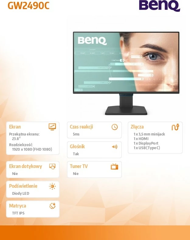 Monitor BenQ GW2490C 23.8" FHD 144Hz IPS USB-C/HDMI/DP altoparlantë të integruar i zi