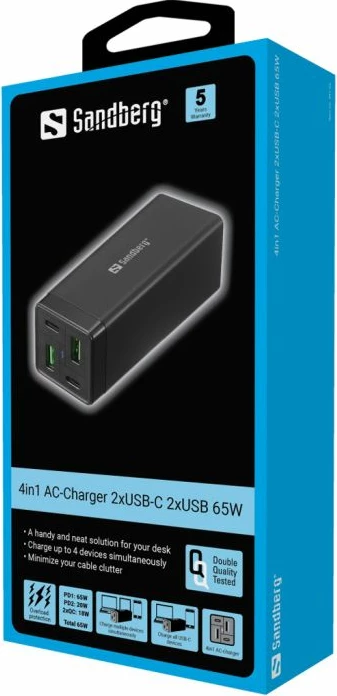 Karikues 4-në-1 SANDBERG 441-45 65W 2xUSB-C PD, 2xUSB-A QC, me kabllo AC EU 1.5m, i zi, set 1 copë