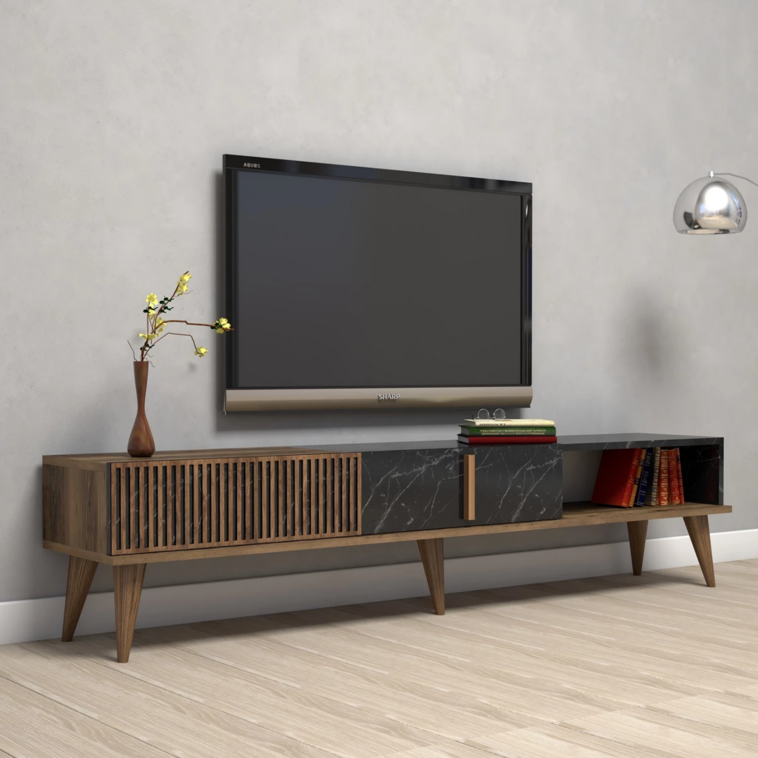 Mbajtës TV, FH9512.02, melaminë, ngjyrë arre dhe mermer i zi, 180x35x40Hcm