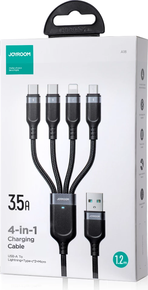 Kabllo multifunksional Joyroom S-A18 4in1, 1.2m, USB-A në USB-C/Lightning/micro USB, e zezë