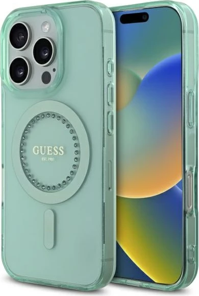Mbështjellës Guess IML Rhinestones MagSafe për iPhone 16 Pro, Gjelbër