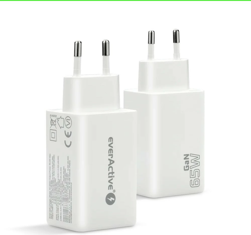 Karikues muri GaN, everActive SC-655Q, 65W, 1x USB + 2x USB-C, PD/PPS/QC4+, i bardhë