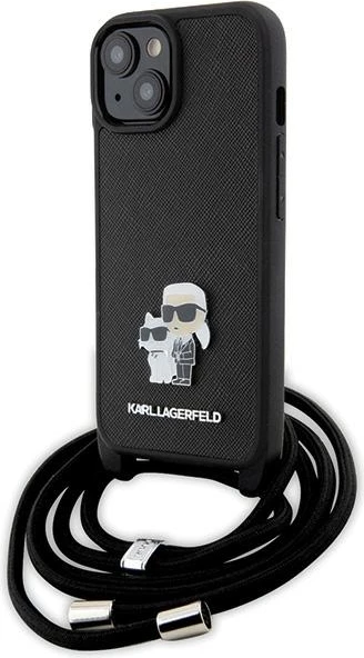 Mbështjellës Karl Lagerfeld Crossbody Saffiano Metal Pin Karl & Choupette për iPhone 15, i zi