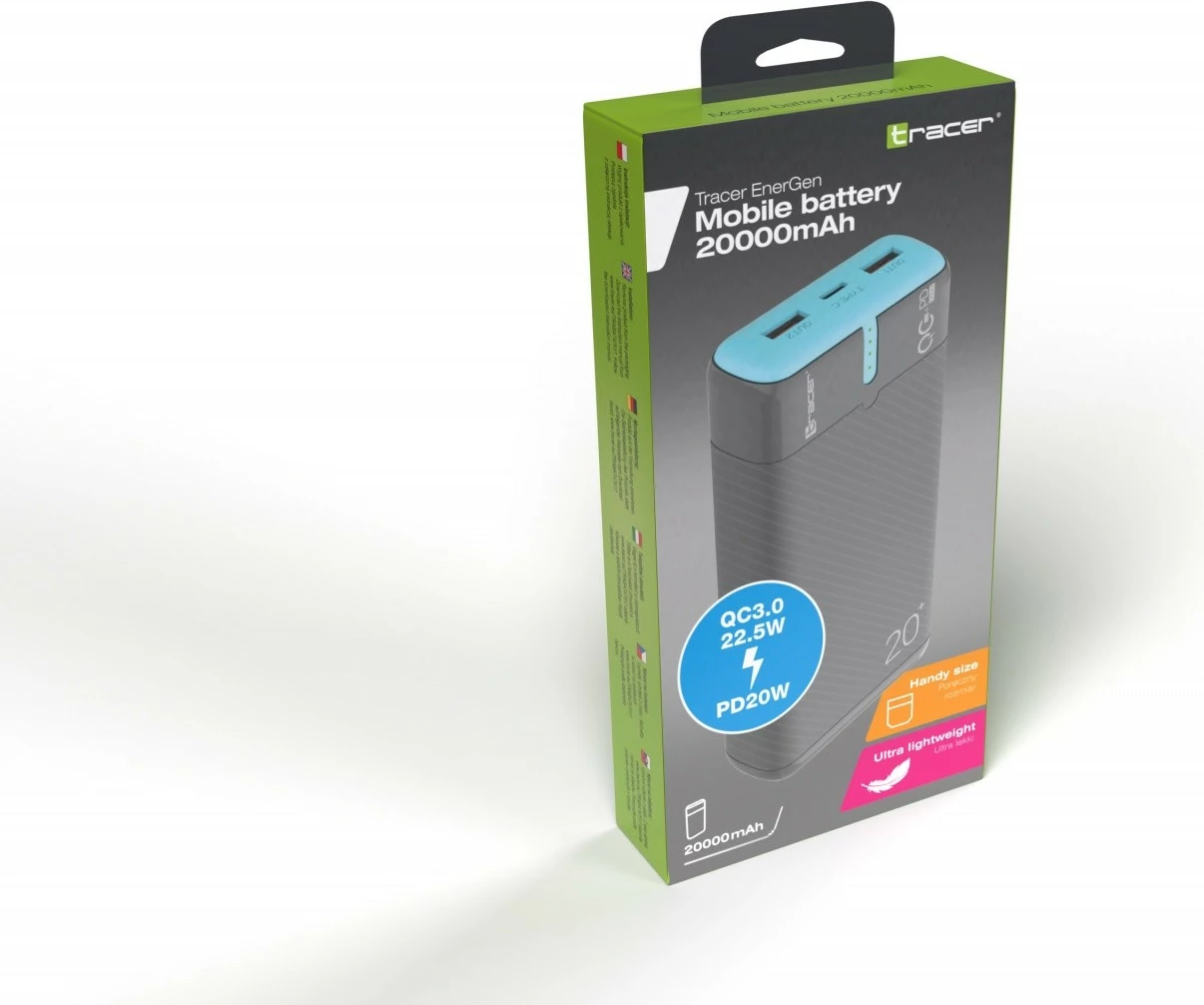Powerbank Tracer EnerGen TRABAT47517 20000mAh PD 20W/QC 3.0, blu/gri, me kabllo USB‑C në USB‑C