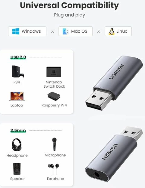 Adapter audio USB UGREEN 80864, USB 2.0 në 3.5mm TRRS (dëgjim + mikrofon), ALC4030, argjendtë