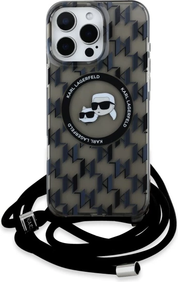 Mbështjellës Karl Lagerfeld IML Crossbody Monogram Karl & Choupette Head MagSafe për iPhone 16 Pro, Zi