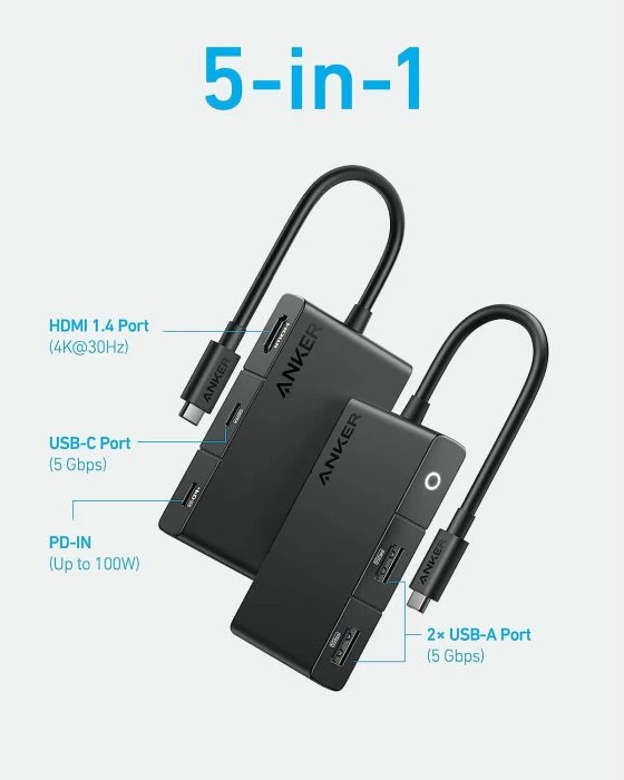 Hub USB-C Anker 332 (A8356G11) 5-në-1, HDMI 4K, 2x USB-A, USB-C 5Gbps, PD 100W, i zi