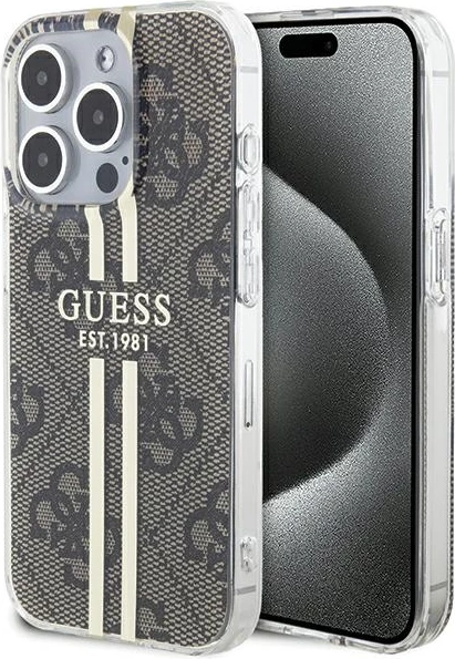 Mbështjellës Guess IML 4G Gold Stripe për iPhone 15 Pro, Kafe