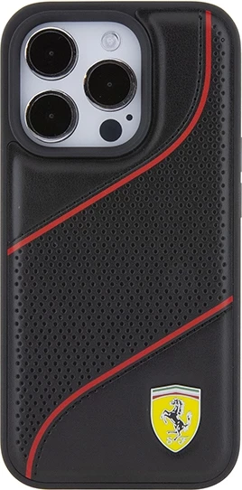Mbështjellës Ferrari Perforated Waves Metal Logo për iPhone 15 Pro, i zi