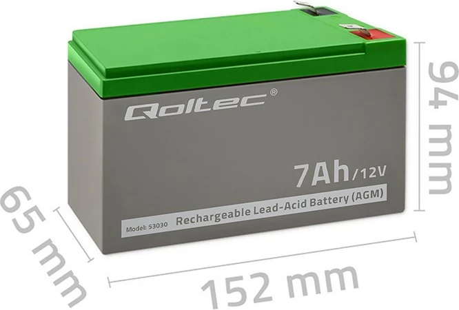 Bateri AGM Qoltec 53030, 12V, 7Ah, Gri/Gjelbër
