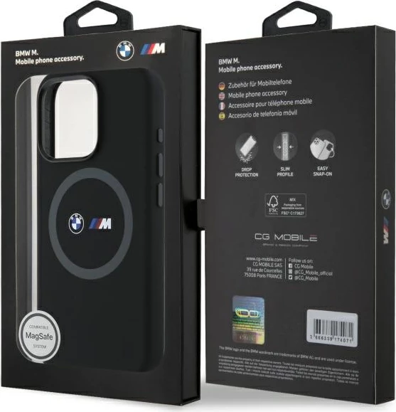 Mbështjellës BMW M për iPhone 16 Pro Max, silikon, MagSafe, zi