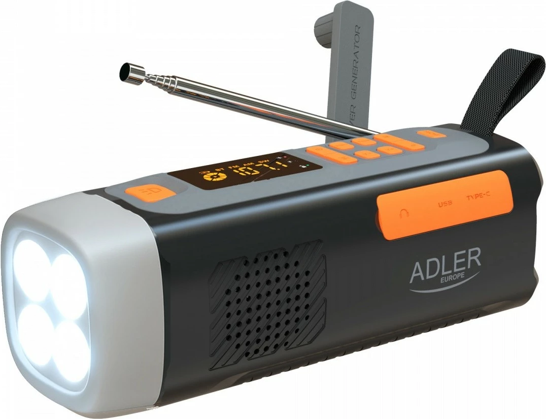 Radio emergjence Adler AD1920 me panel solar, Bluetooth 5.0, powerbank 4500 mAh, dritë LED 4W, e zezë