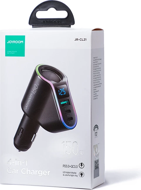 Karikues veture Joyroom JR-CL21, 150W, 3 porta (USB-A QC3.0, 2x USB-C PD3.0), LED, zi