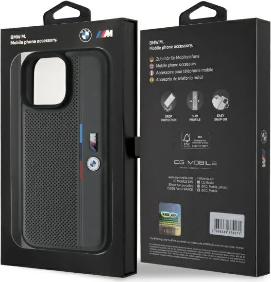 Mbështjellës BMW M Perforated Tricolor Detail Line për iPhone 16 Pro, Gri e errët