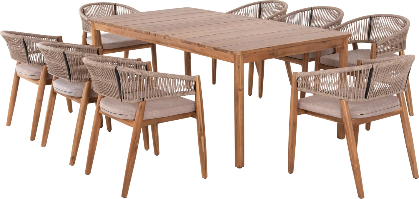 Tavolinë me karrige për terasë 9 pjesë NAVANT FH21066.02, tavolinë me 8 karrige, dru akacie, litar najloni, ngjyrë bezhë