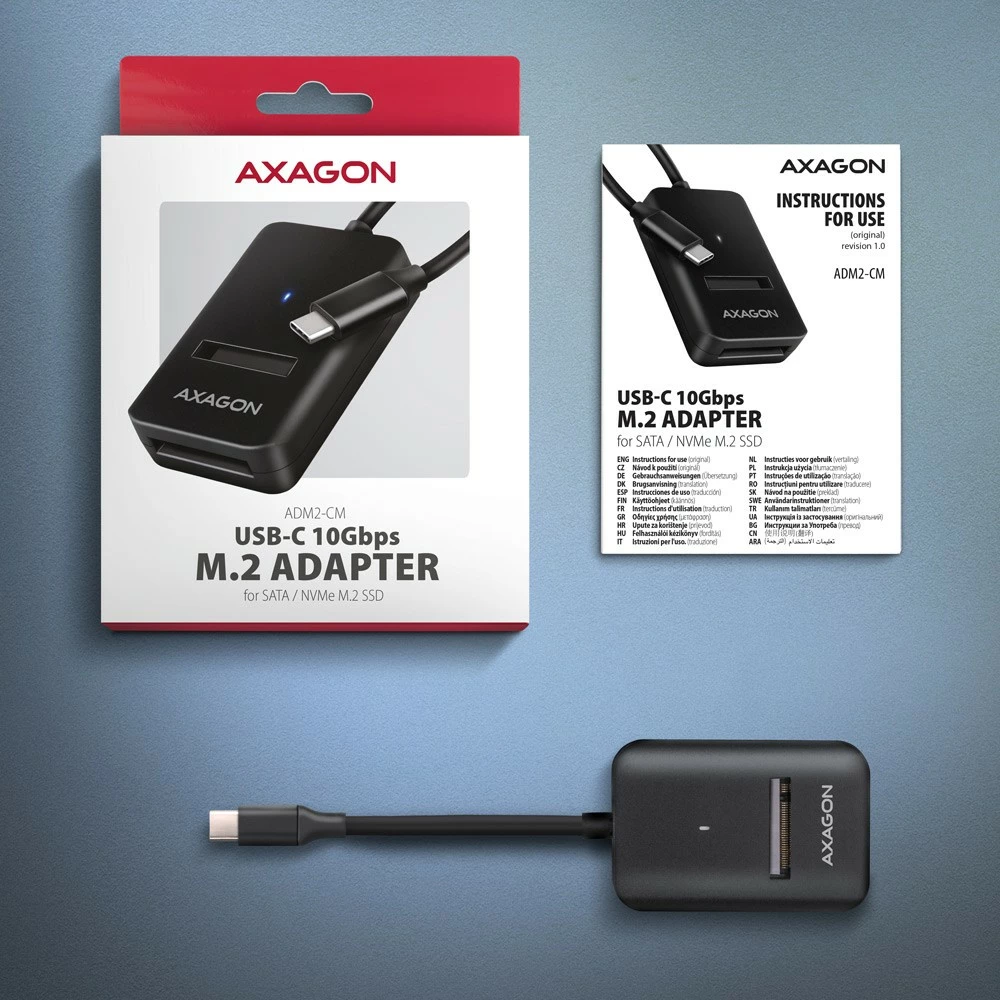 Kasë AXAGON ADM2-CM për SSD M.2 NVMe/SATA, USB 3.2 Gen 2, 10cm kabllo, e zezë