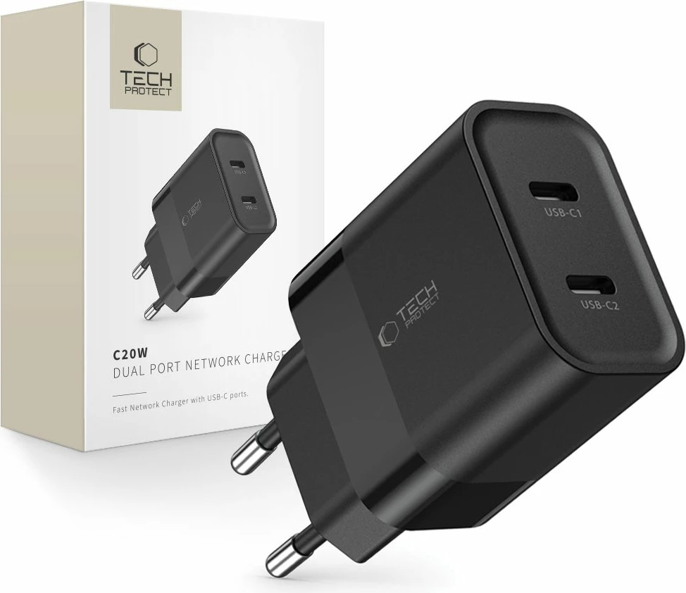 Karikues rrjeti Tech-Protect C20W, 2x USB-C PD 20W, i zi
