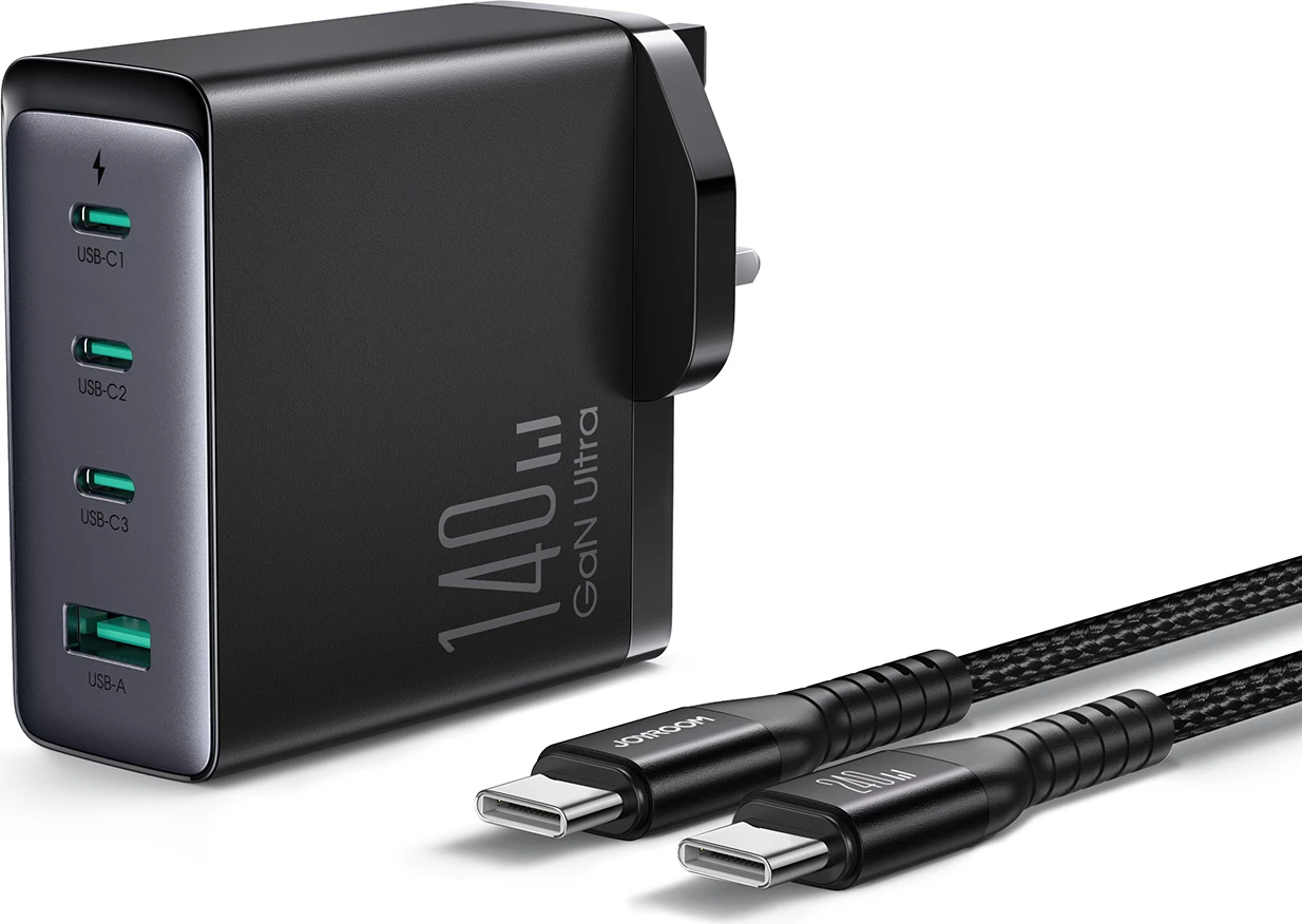 Karikues mur Joyroom JR-TCG05UK GaN, 140W, 3x USB-C, 1x USB-A, me kabllo USB-C/USB-C 240W 1.2m, i zi