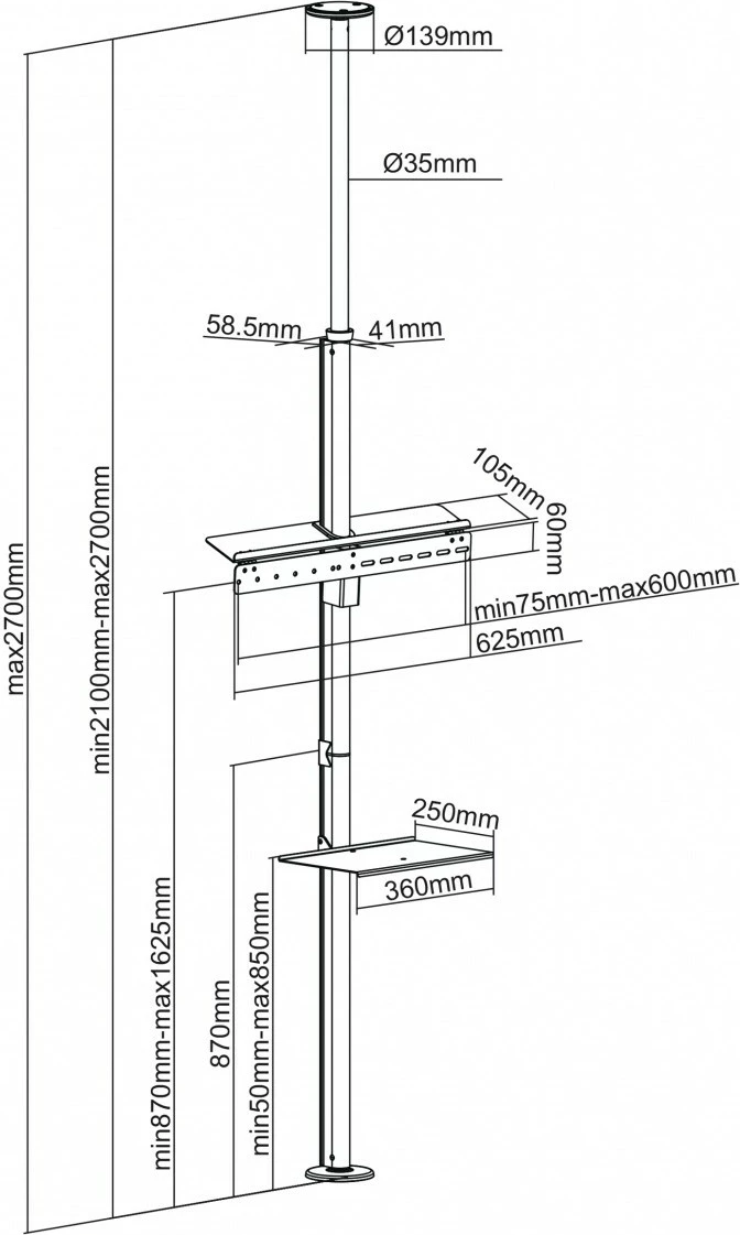Mbajtës tavan-dysheme Maclean MC-791N për TV/monitor, 37-70", metal, argjend