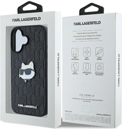 Mbështjellës Karl Lagerfeld Monogram Choupette Head Pin për iPhone 16, i zi