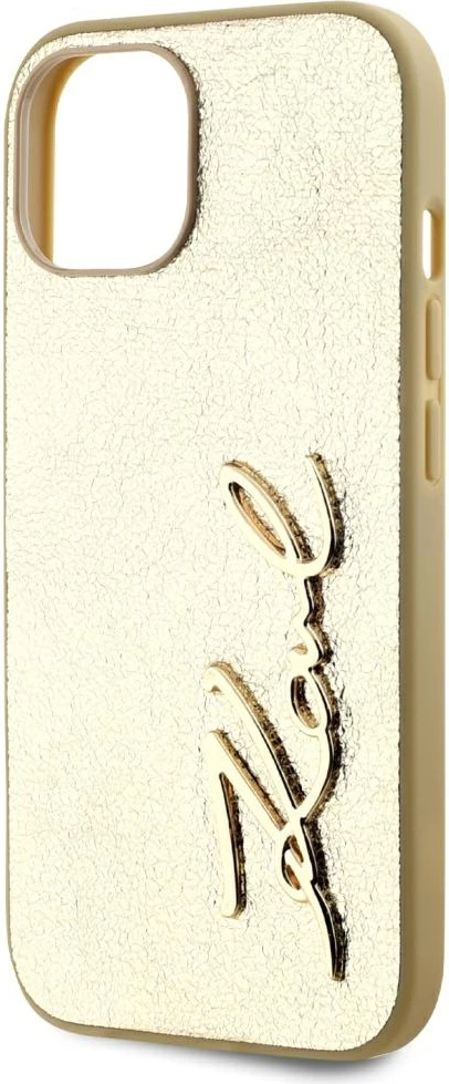 Mbështjellës Karl Lagerfeld Wrinkled Metal Signature për iPhone 15, Gold