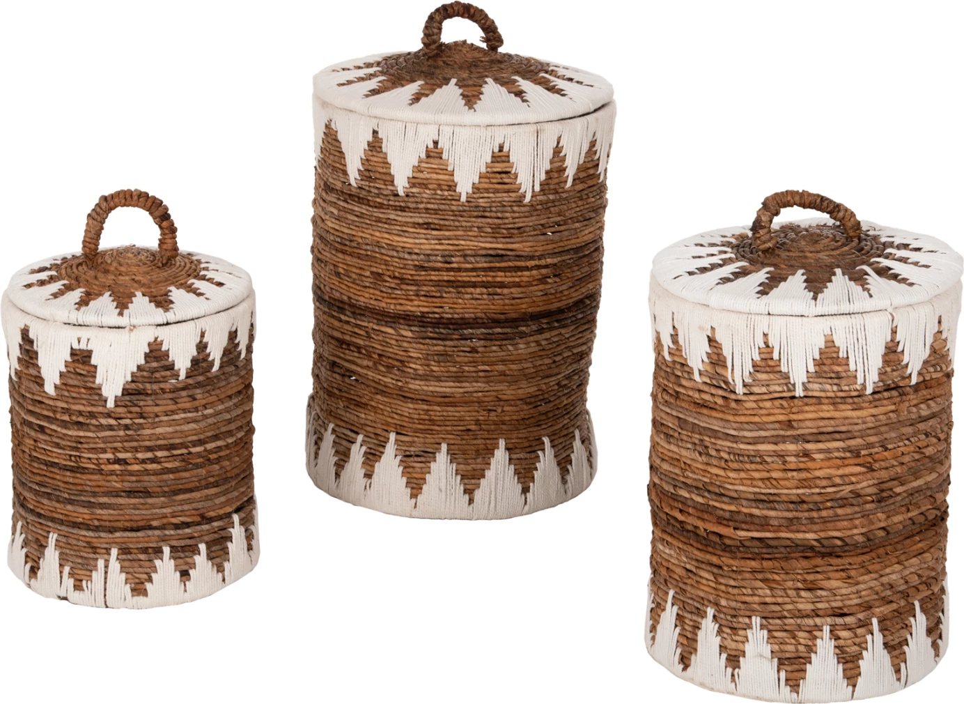 Shporta të rrumbullakëta me kapak 3 copë FH4306, rush, ngjyrë natyrale-bardhë, Φ42x63H cm