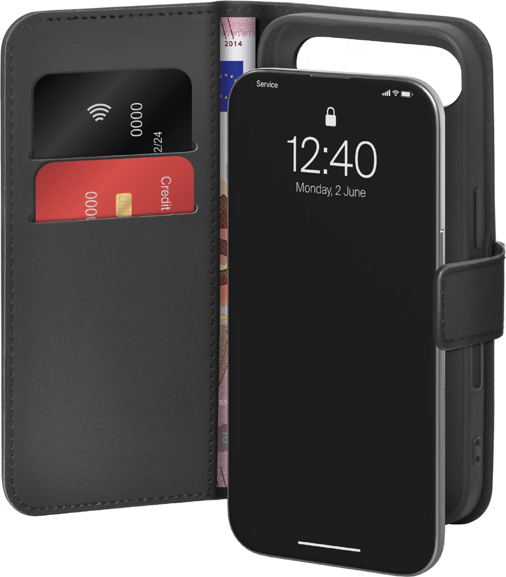 Mbështjellës Puro Wallet Stand për iPhone 17 Air, eko-lëkurë, me kapak, portofol dhe mbajtëse, zi