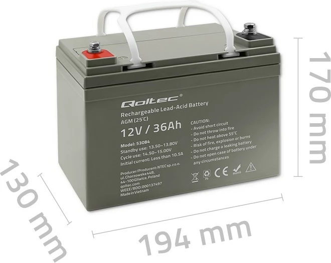 Bateri AGM Qoltec 53084, 12V, 36Ah, Gri
