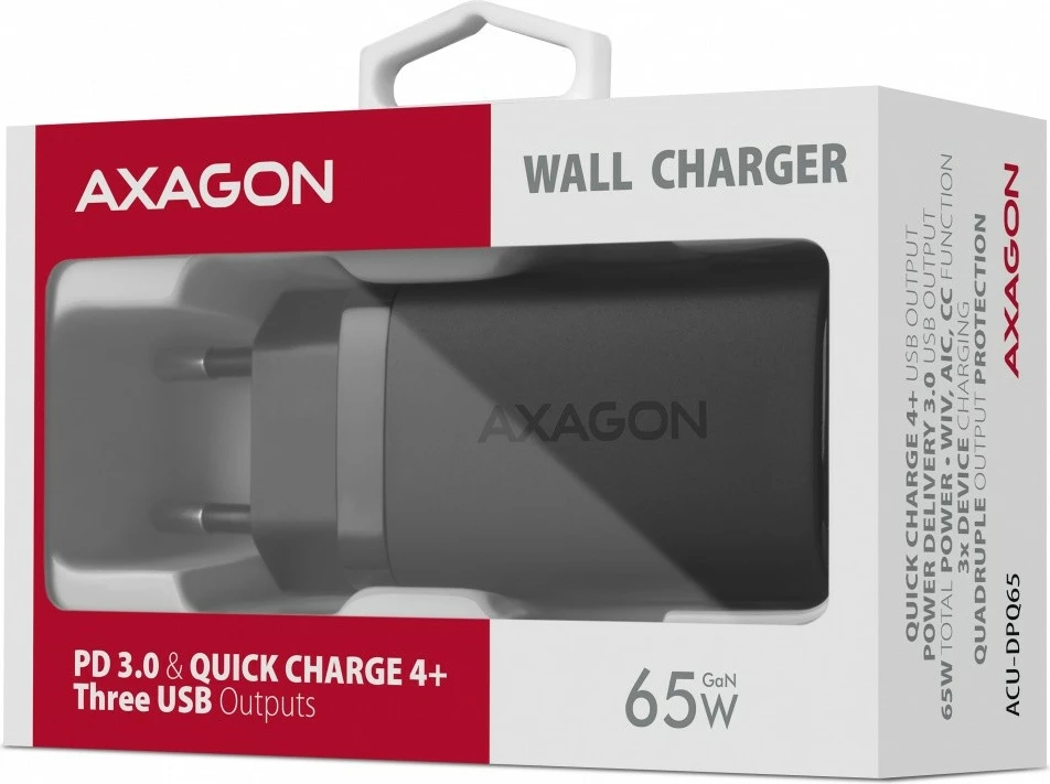 Adapter karikues AXAGON ACU-DPQ65, GaN 65W, 3 porta (USB-A + 2x USB-C), i zi