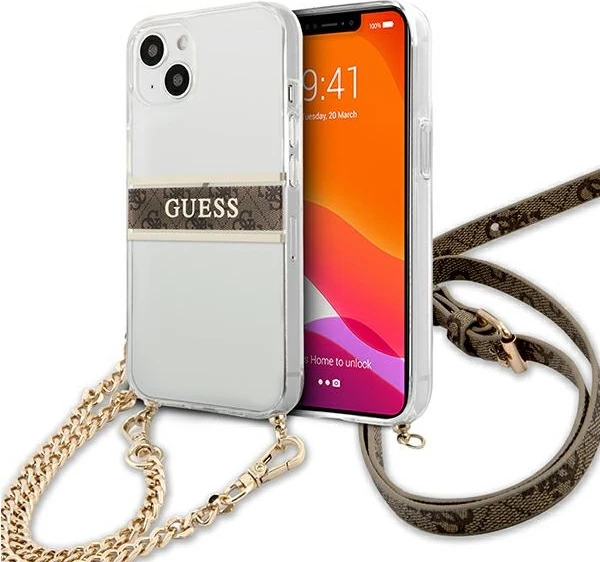 Mbështjellës Guess GUHCP13SKC4GBGO për iPhone 13 mini 5.4", transparent, rrip kafe, zinxhir ari