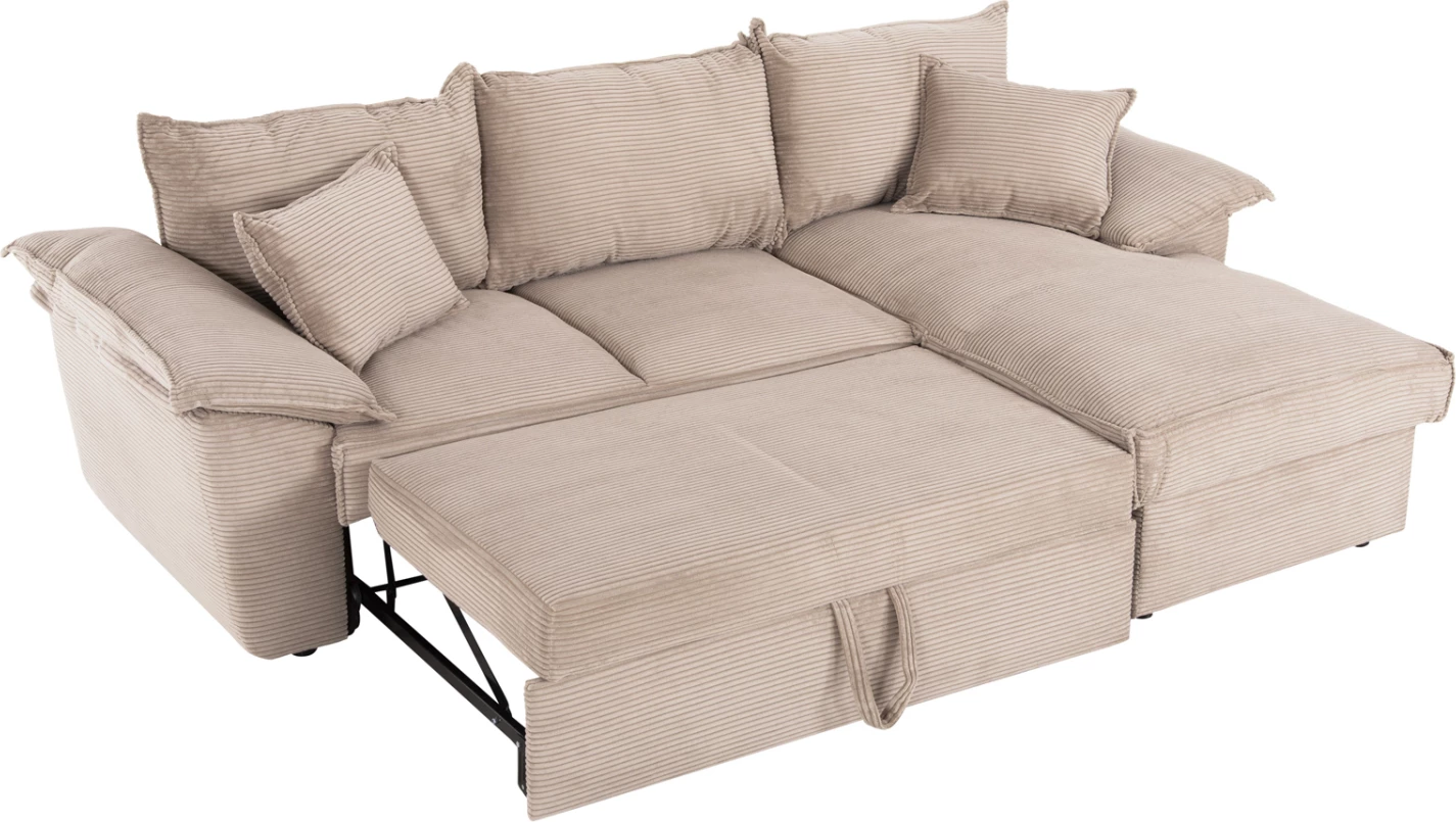 Divan qoshe me shtrat dhe hapësirë ruajtjeje ALDO FH3276.01R, pëlhurë bezhë, 256x91-159x87H cm