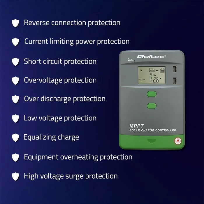 Kontrollues karikimi diellor MPPT, Qoltec 53663, 40A 12V/24V, LCD, 2xUSB, Bluetooth, sensor temperature, APP, për GEL dhe LiFePO4, gri/jeshile