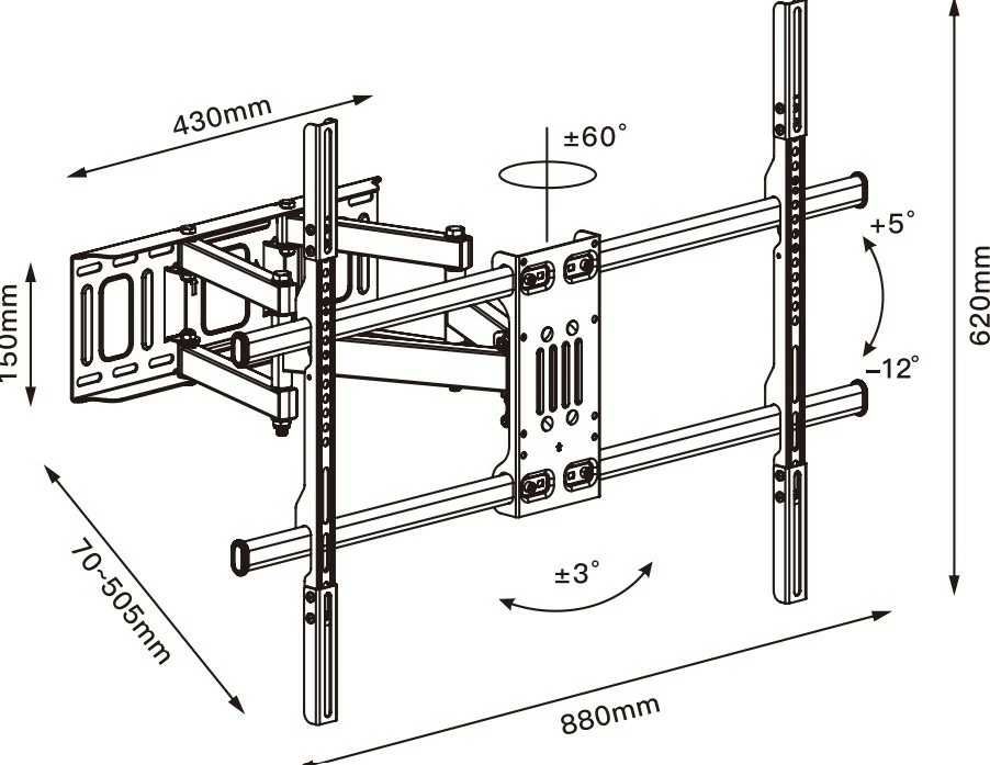 Mbajtës muri TV, TB, TB-854, deri 100 inç, ngarkesë 65 kg, VESA 800x600, shtrirje 70–505 mm, rrotullim 60°, pjerrësi 12°, zi